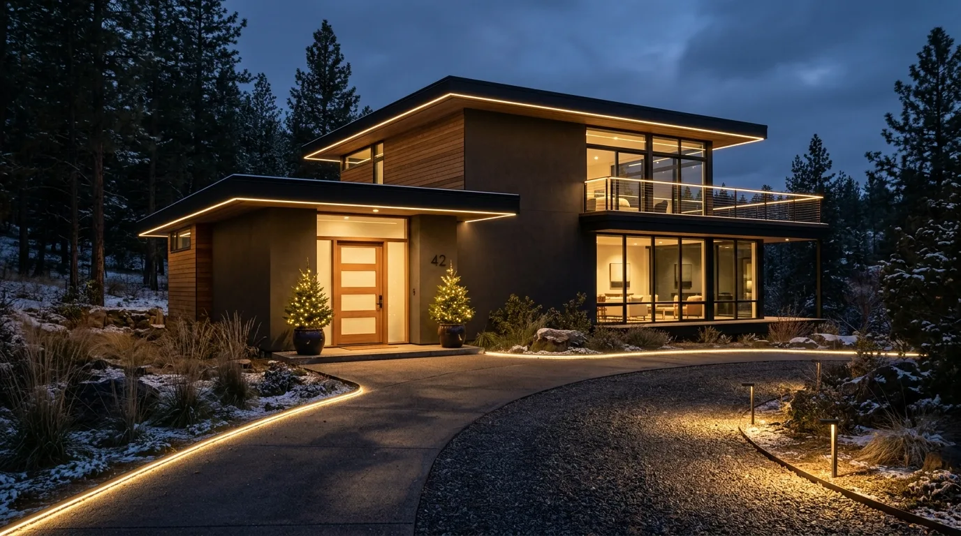 Minimalist Front Yard With Subtle Warm White Lights